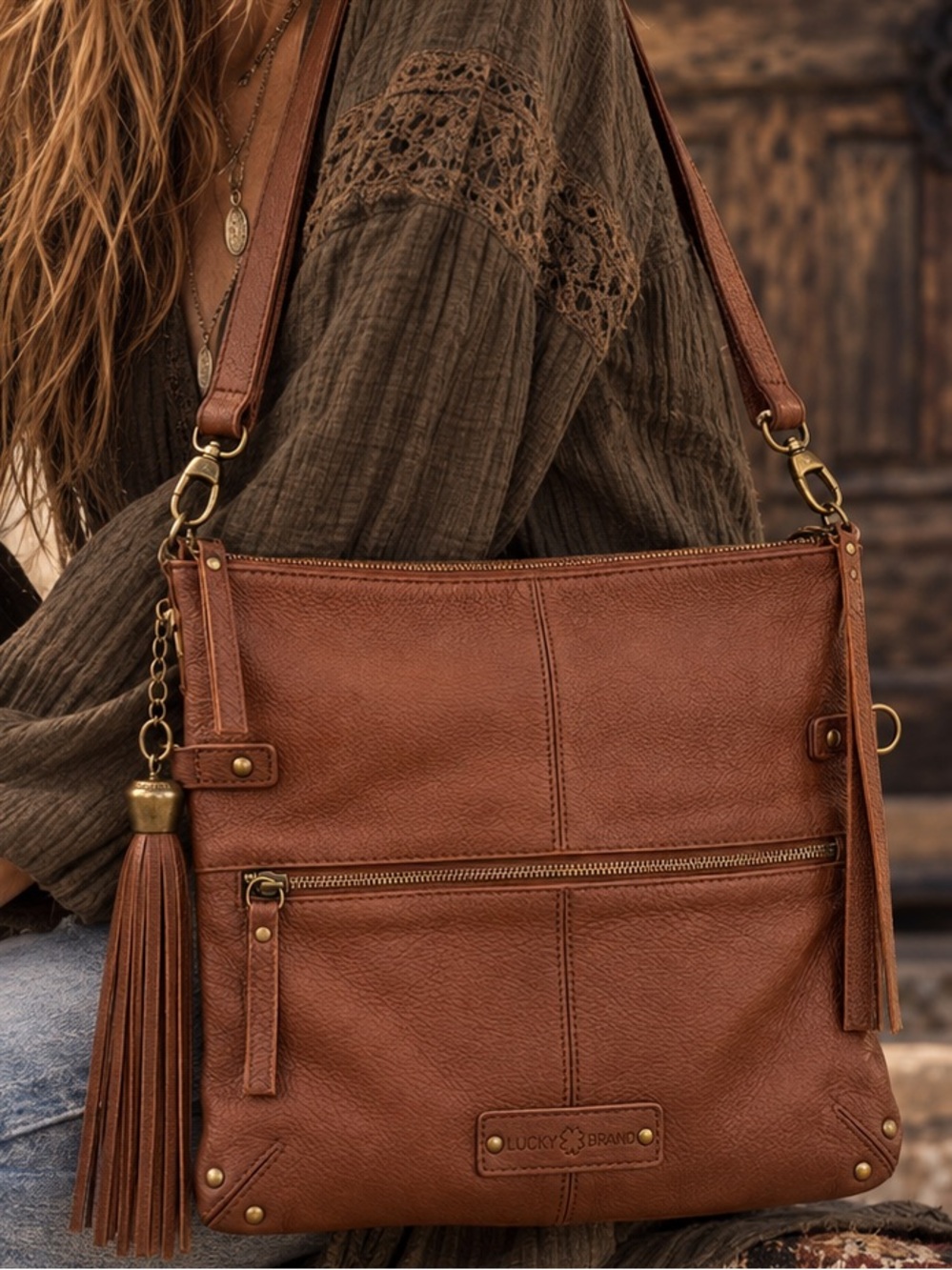 Lucky Brand Cognac Leather Crossbody Shoulder Bag Tassel Boho
